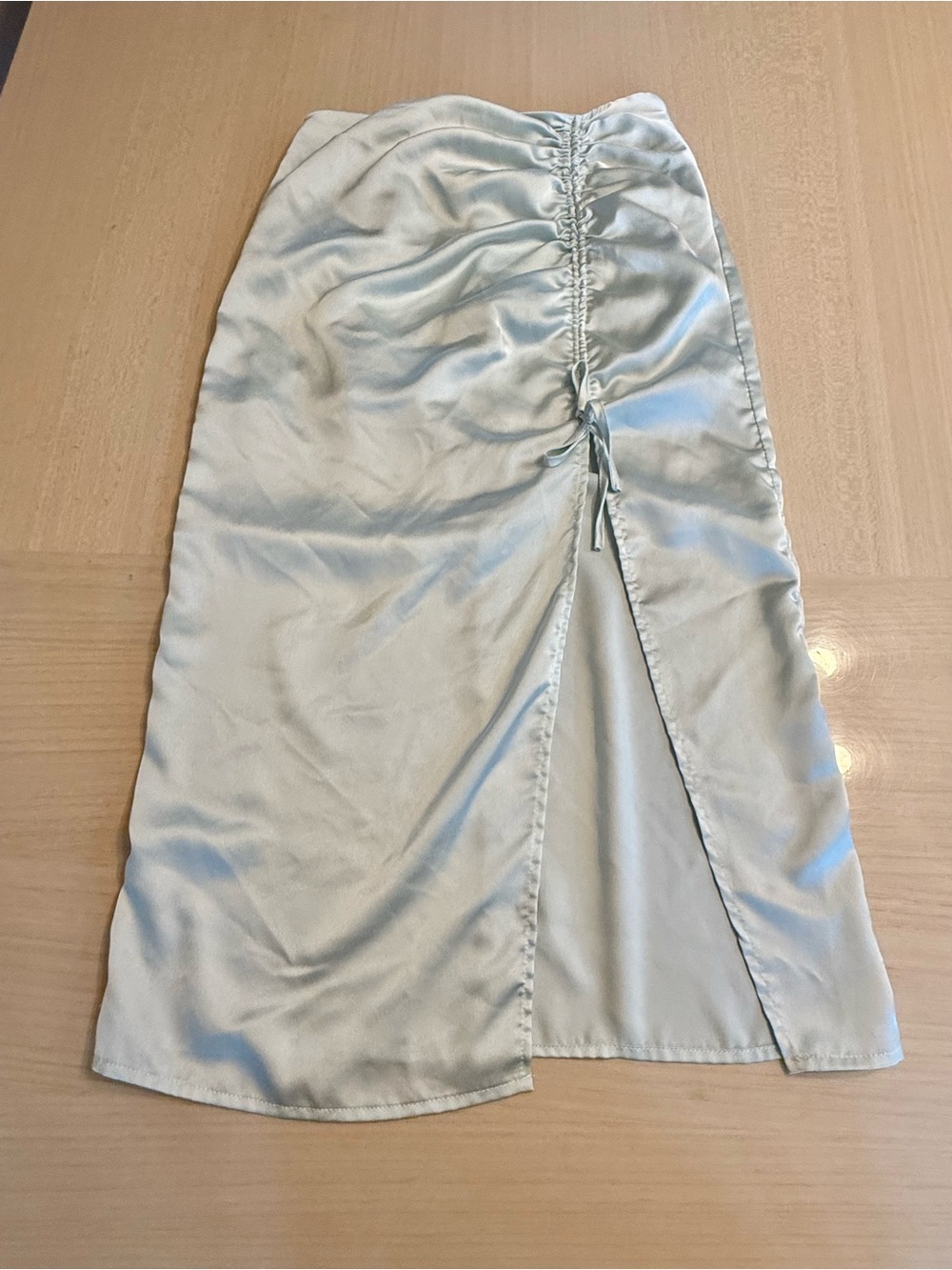 Forever 21 Seafoam Satin Ruched Midi Skirt with Side Tie Mermaid Large